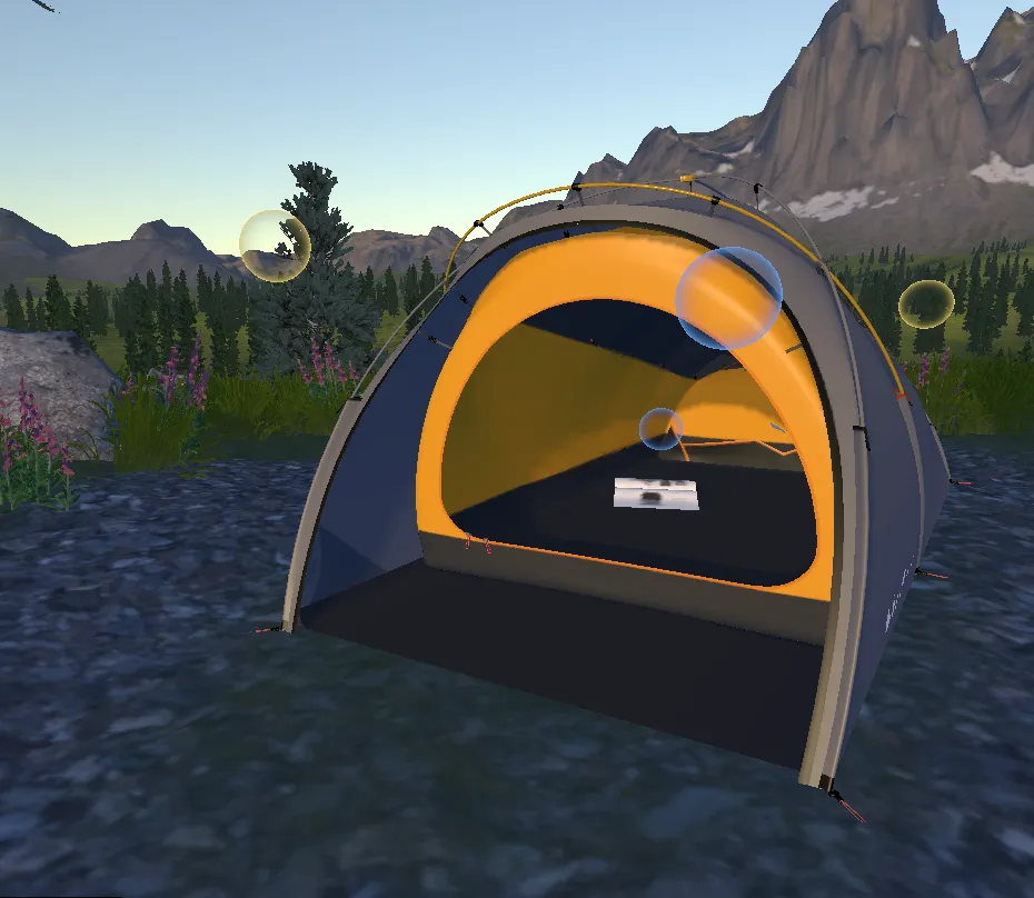 A VR product showcase set in a dynamic mountain environment.